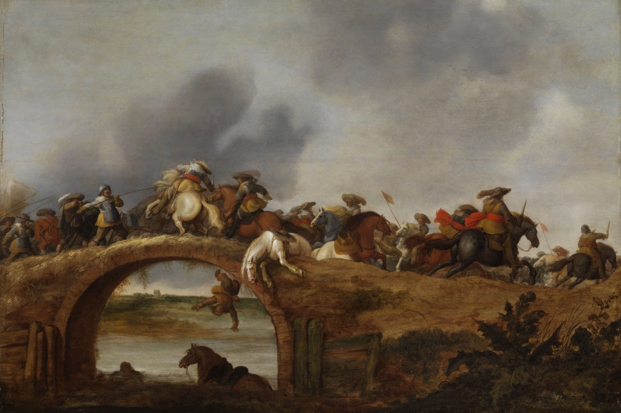 Riders battle on a bridge av Anthonie Palamedesz