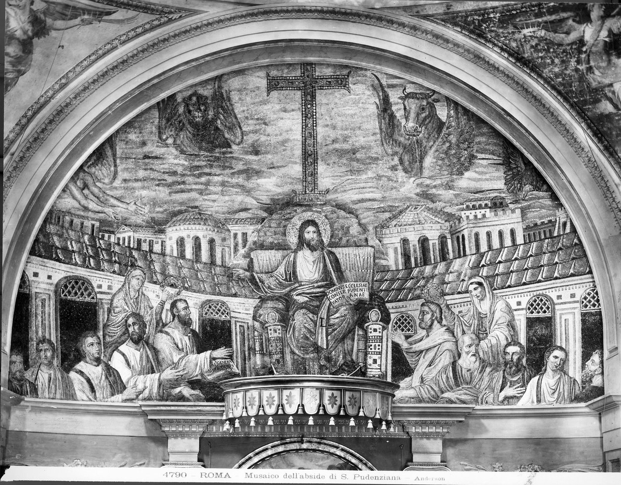 Kristus tronade omgiven av apostlarna och heliga Pudentiana och Praxedis, i Apsiden (mosaik) av Paleo Christian
