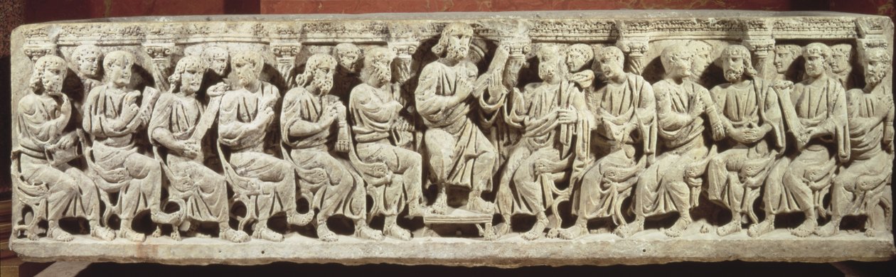 Kristus sitter och undervisar omgiven av apostlarna, kristen sarkofag i marmor, förvärvad från kyrkan i Rignieux-le-Franc, slutet av 300-talet e.Kr. av Paleo Christian