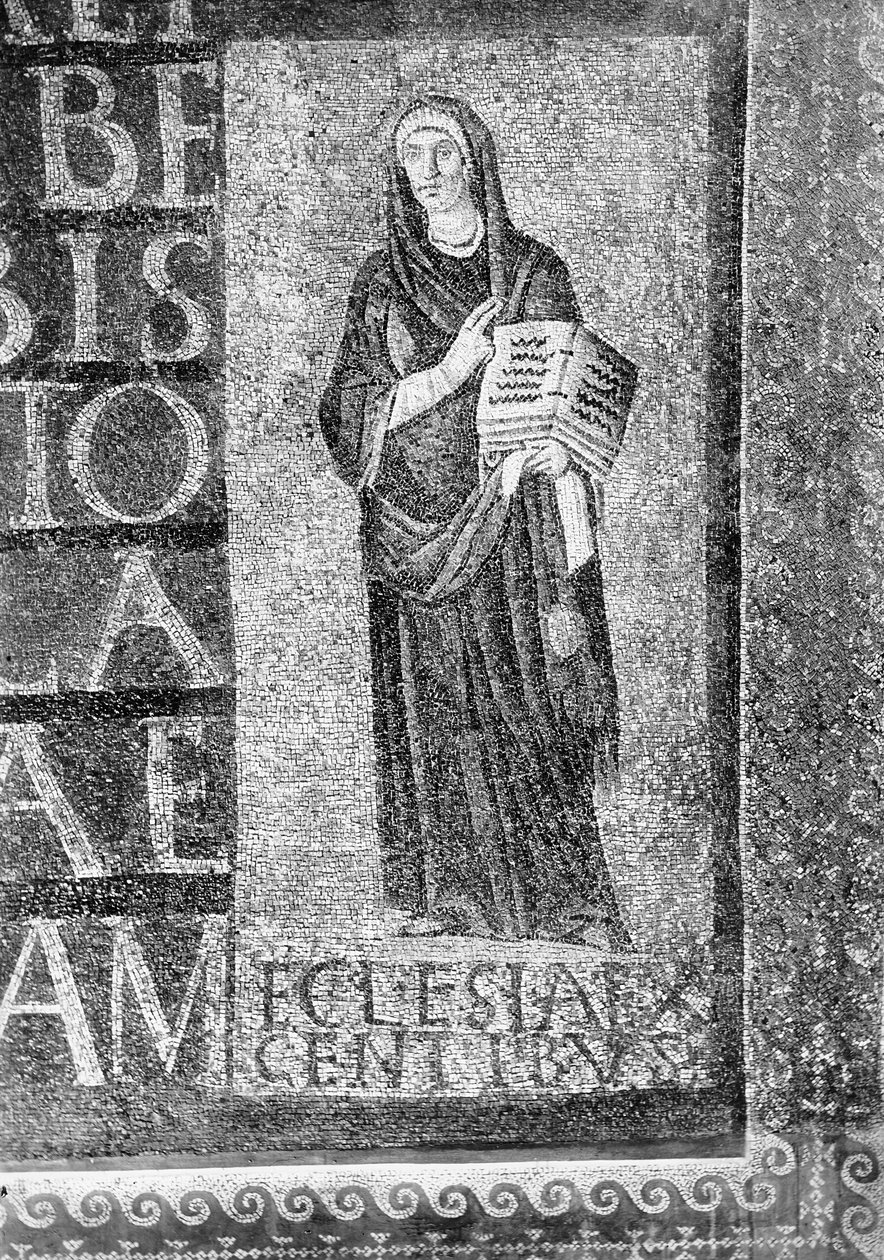 Figur som representerar hedningarnas kyrka och en del av de sju hexameterinskriptionerna (mosaik) av Paleo Christian