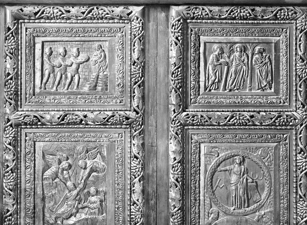 Fyra dörrpaneler föreställande scener från Gamla och Nya testamentet (trä) av Paleo Christian