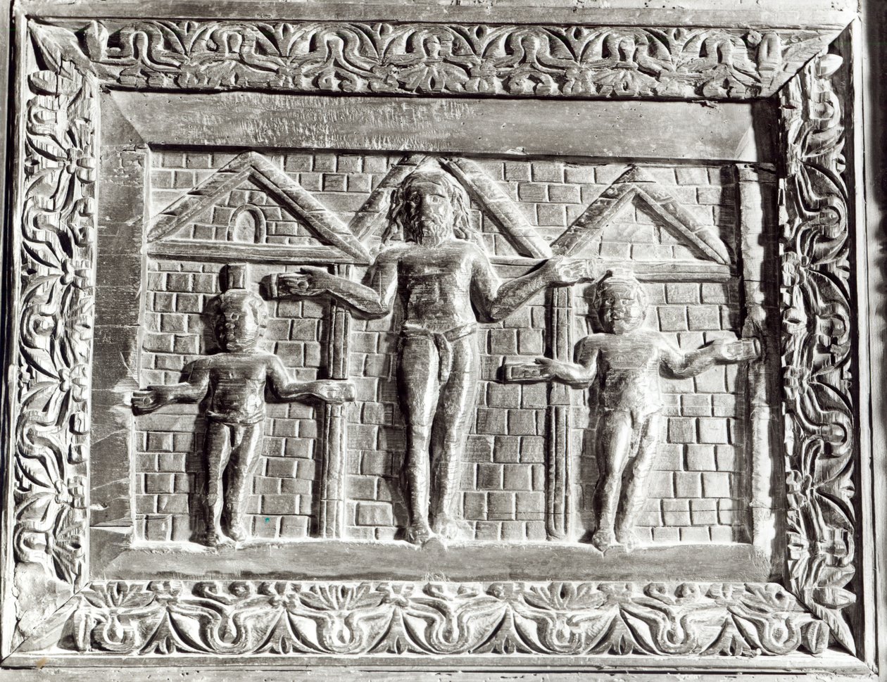 Korsfästelsen, panel från en dörr dekorerad med scener från Gamla och Nya testamentet (trä) av Paleo Christian