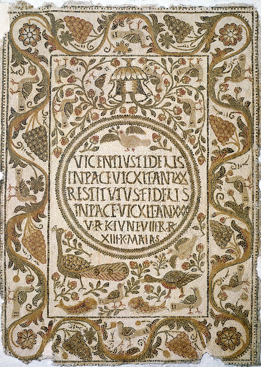 Gravsten med epitafium, från präst Felix kyrka, nära Kelibia, 400-500-talet (mosaik) av Paleo Christian