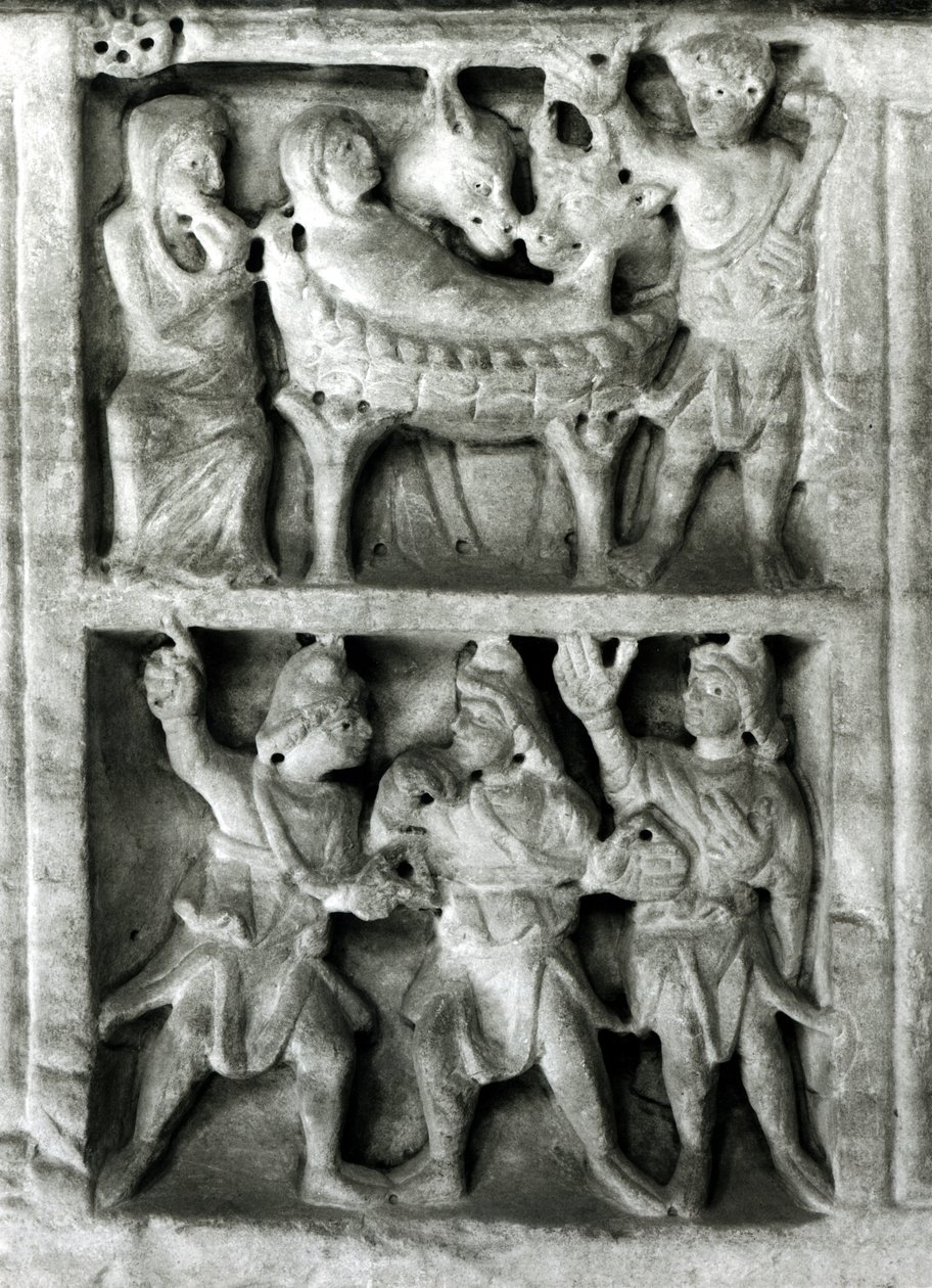 Detalj av en relief från sarkofagen från Födelsestenen bw foto av Paleo Christian