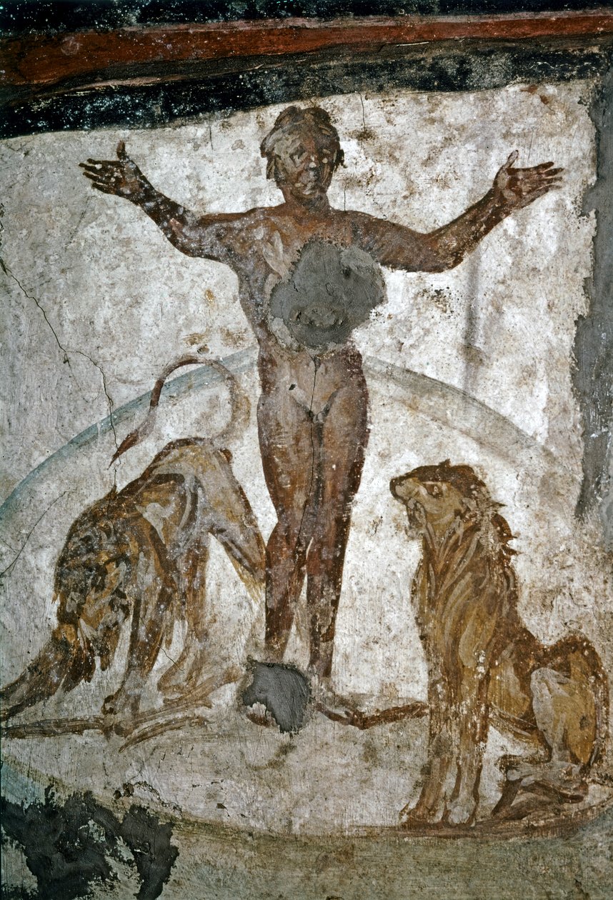 TIDIG KRISTEN KONST: Catacombe. Daniel i lejongropen, 400-talet (fresk) av Paleo Christian