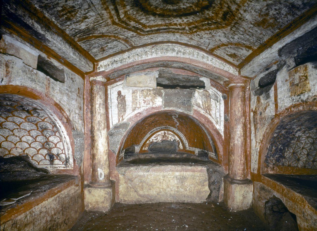 TIDIG KRISTEN KONST: Domitillas katakomber. Orfeus Cubiculum, mitten av 300-talet (fresco) av Paleo Christian