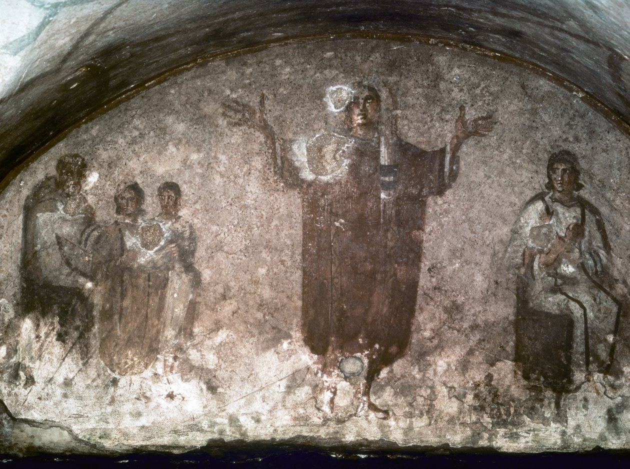 TIDIG KRISTEN KONST: Catacombe di St. Priscilla. Velatas kubibel, slutet av 300-talet (fresker) av Paleo Christian