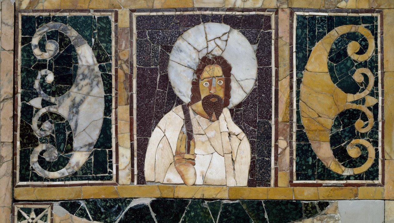 Inlagd marmor som visar Kristi ansikte, artefakt från Rom, Italien, tidig kristen period av Paleo Christian