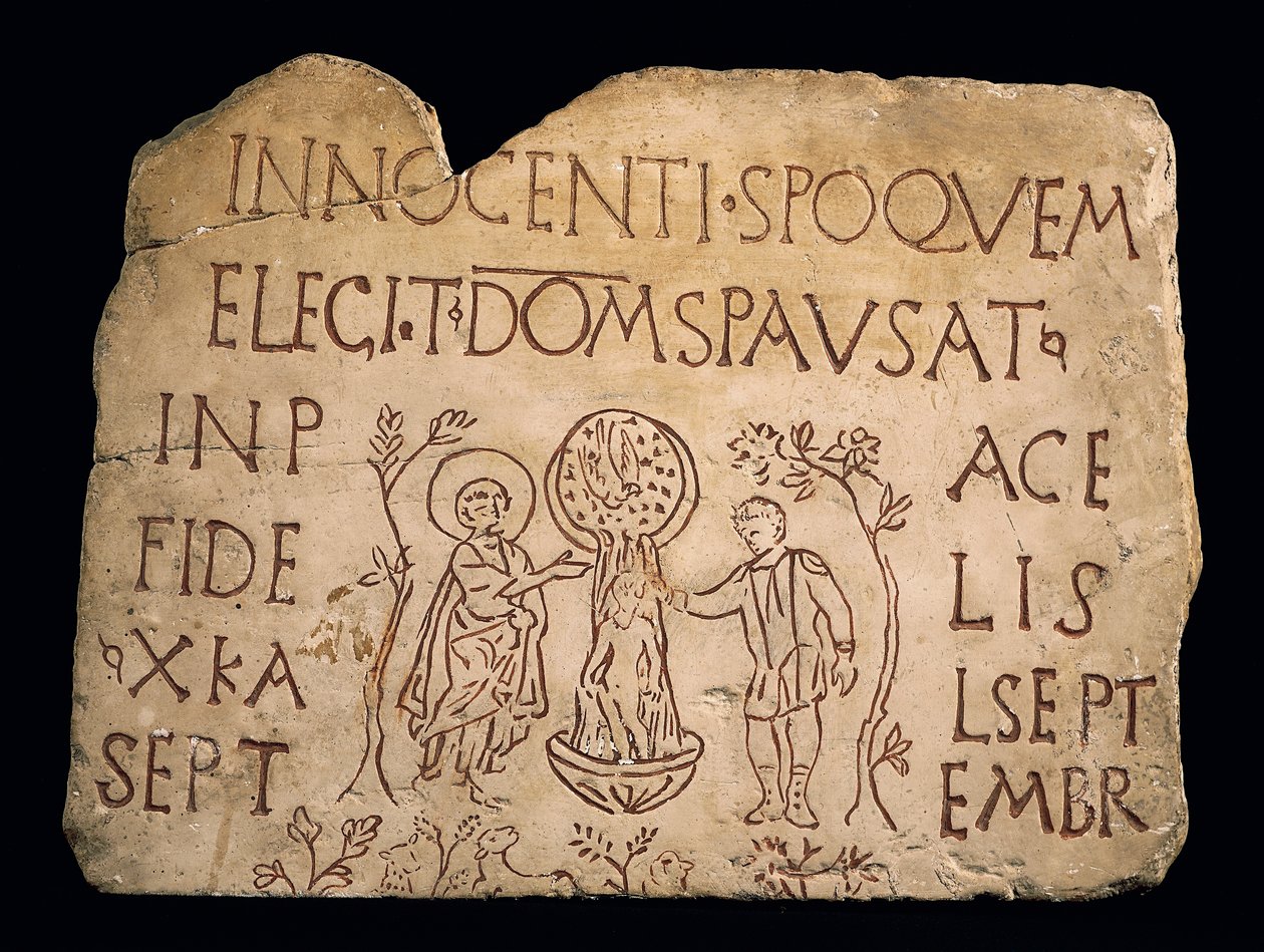 Gravsten med inskription och Kristi dop, tidig kristen tid, 300-talet av Paleo Christian