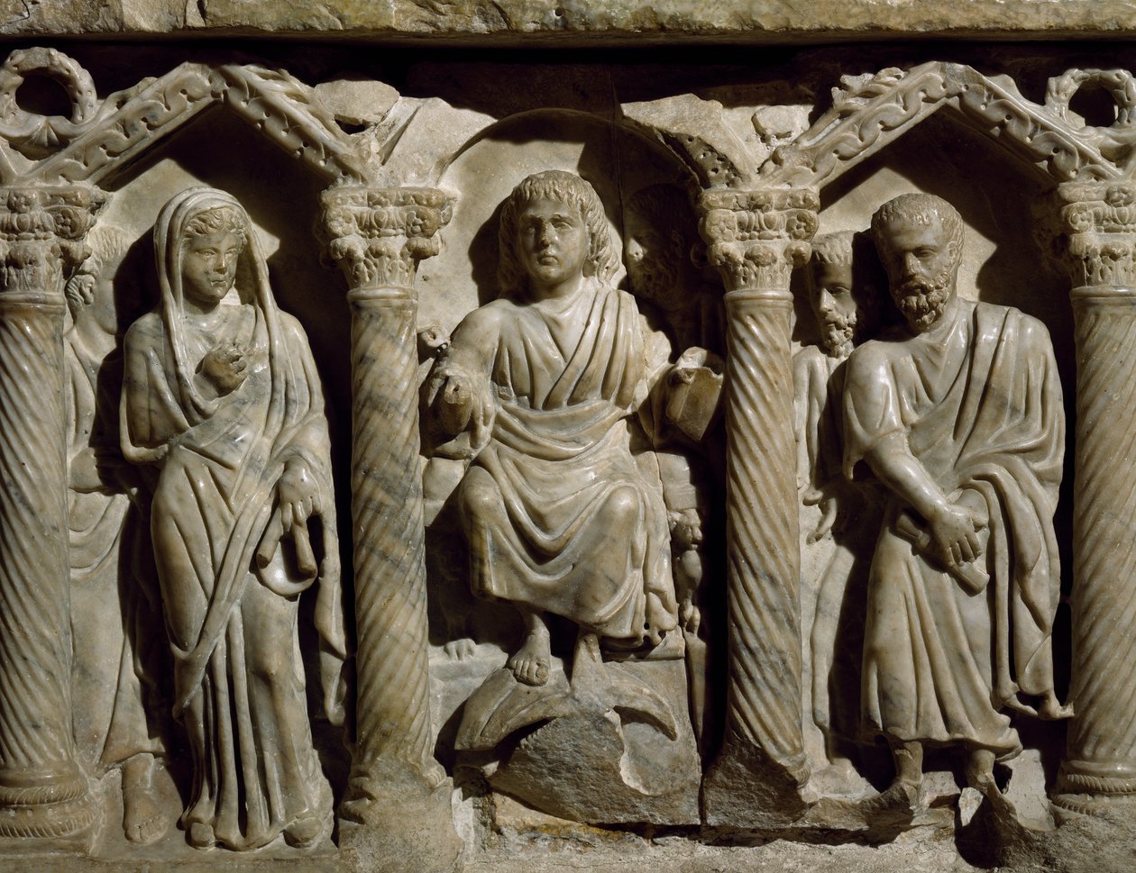 Tidig kristen sarkofag även känd som Sarcophagus of Blessed Giles, marmor, Oratory of San Bernardino, Perugia, Umbrien, Detail, Italien, 300-talet av Paleo Christian