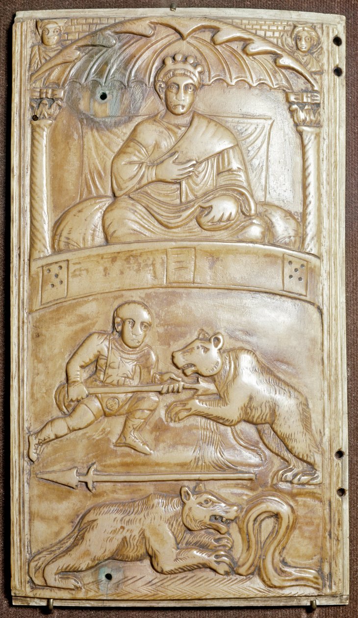 Spel på Circus med en björn (Ivory relief dyptich, ca 400) av Paleo Christian