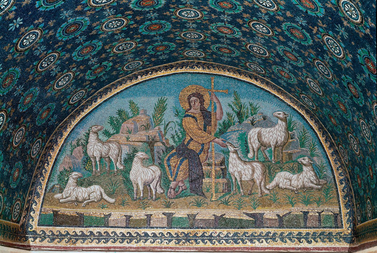 Bra pastor. Mosaik av ramen ovanför entrédörren till Mausoleum of Galla Placidia, c425 (mosaik) av Paleo Christian