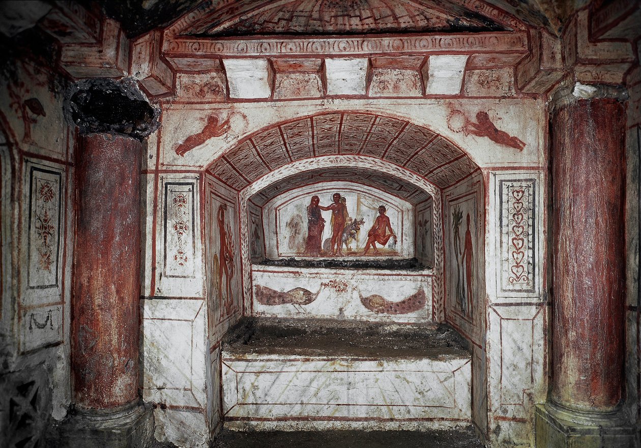 Paleochretian Art: "" Hercules (Alcide) som tar med Alceste från underjorden återför henne till sin man Admete"" Fresk från 300-talet efter JC. Rom, Catacombs di Via Latina - tidig kristen konst. Hercules tar tillbaka Alcestis från Hades till sin man av Paleo Christian