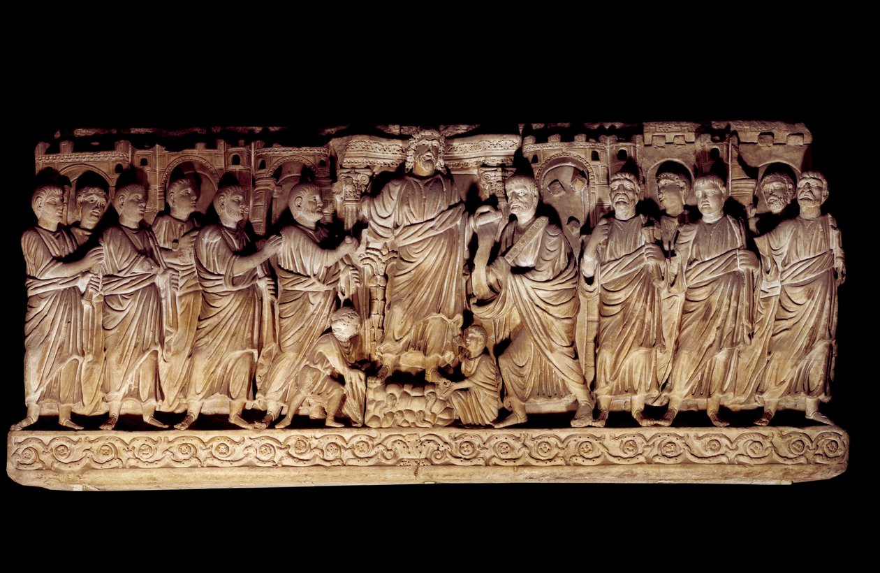 Paleochretisk konst: snidad sarkofag som representerar Kristus med apoters. från Peterskyrkan i Rom, mausolee av Anicii. 390-400 e.Kr. Paris, Louvren av Paleo Christian