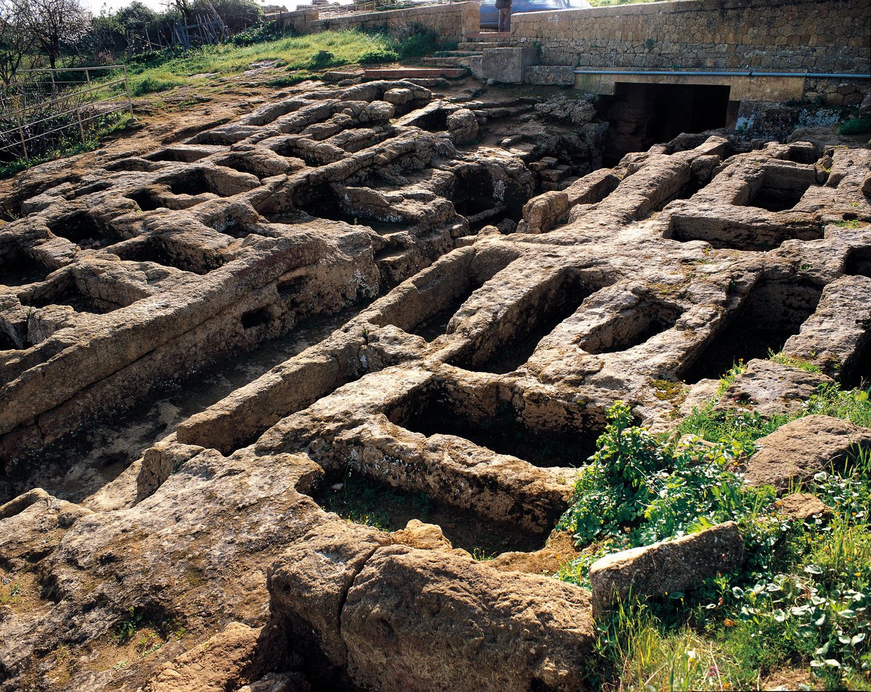 Ruinerna av den kristna nekropolen i templens dal, 4:e till 500-talet. Agrigento, Agrigento. Sicilien Italien av Paleo Christian
