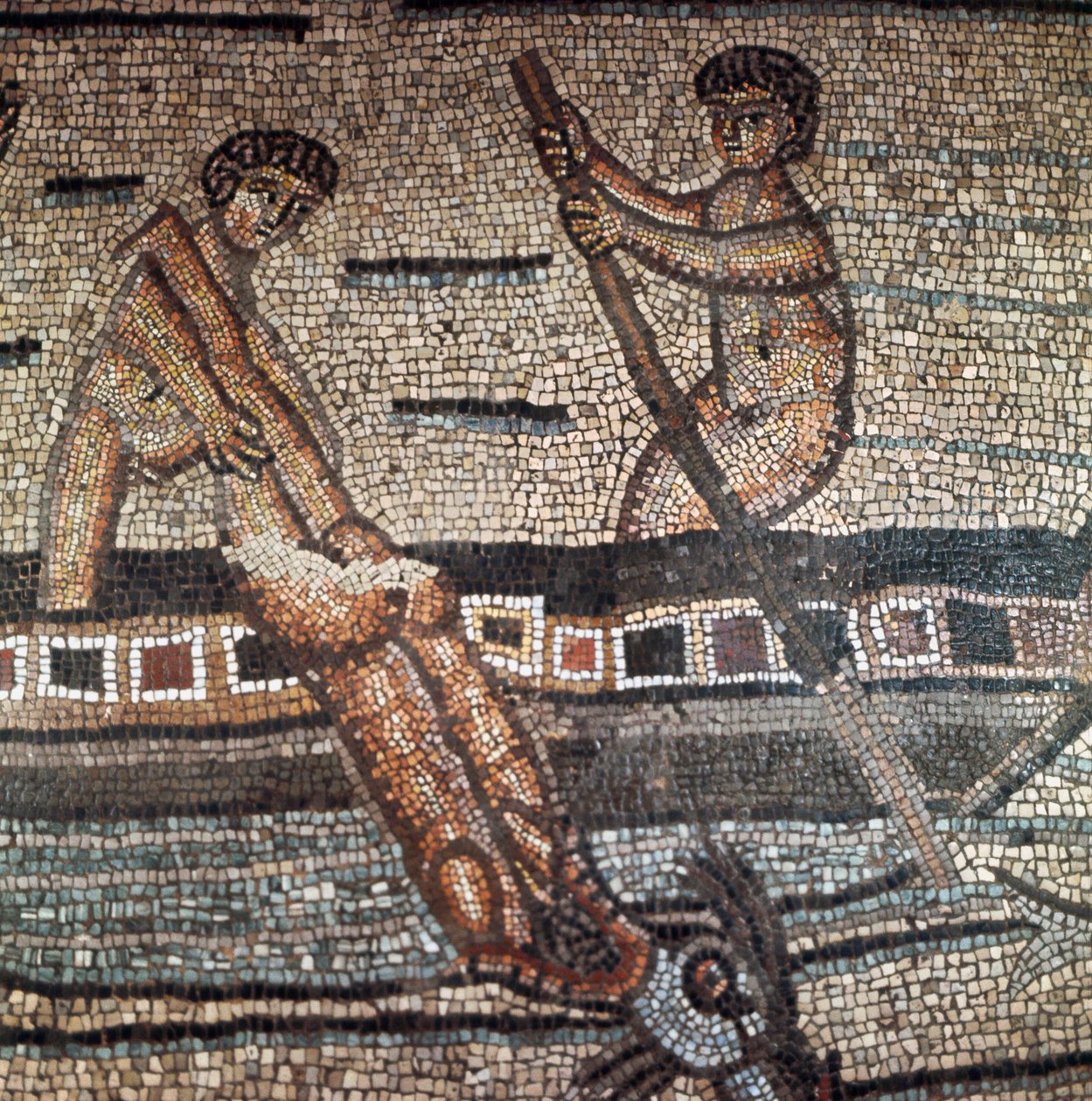 Scen ur Jonas liv föreställer svalor av en fisk Detalj. Mosaik från 500- eller 600-talet. Cathedrale d