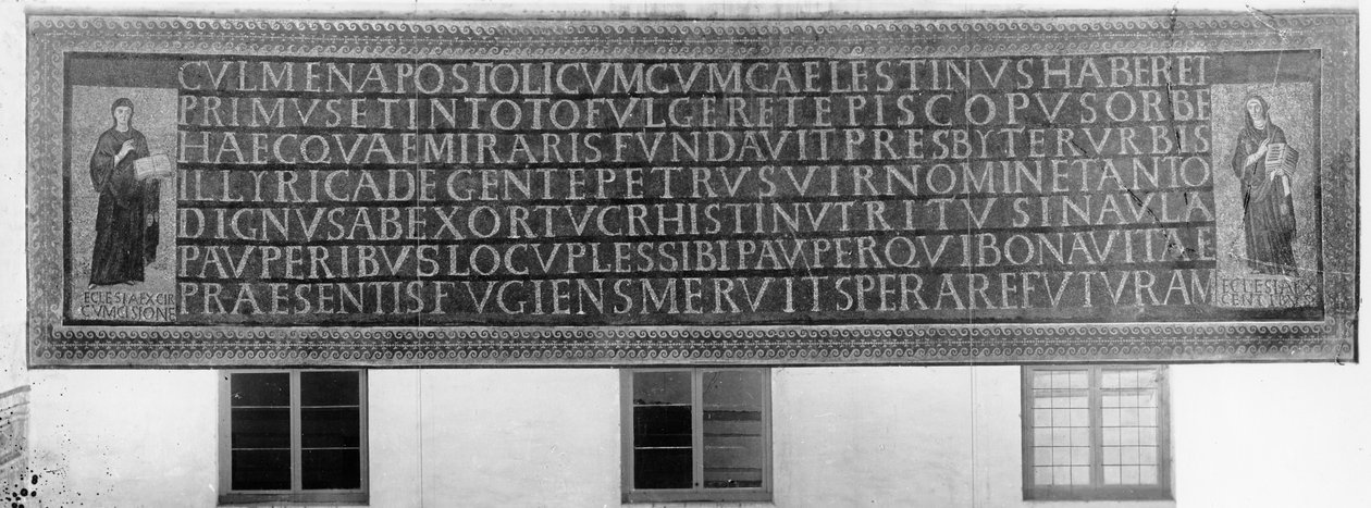 Sju hexametrar flankerade av två figurer, en representerar judarnas kyrka (ex-circumcisione) och den andra hedningarnas kyrka (ex-gentibus) (mosaik) av Paleo Christian