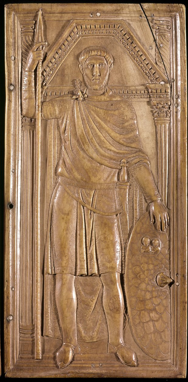 Stilicon i vapen, general, patrice och konsul i det västromerska riket. Höger panel av stilichos dyptik (skulptur på elfenben, ca 395) av Paleo Christian