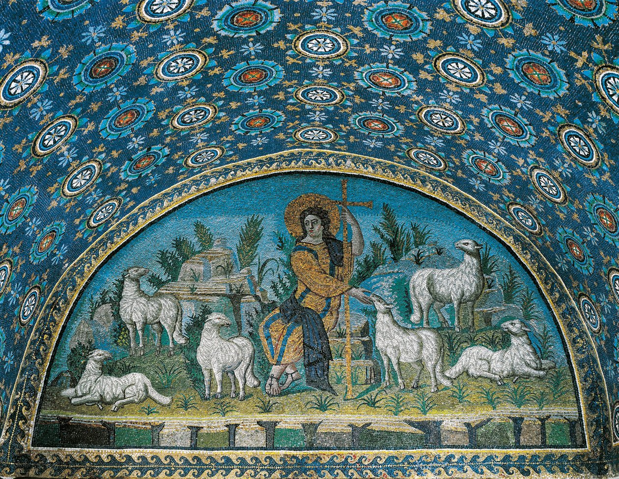 Den gode herden, mosaik av ramen ovanför ingångsdörren till Mausoleum of Galla Placidia, c425 (mosaik) av Paleo Christian