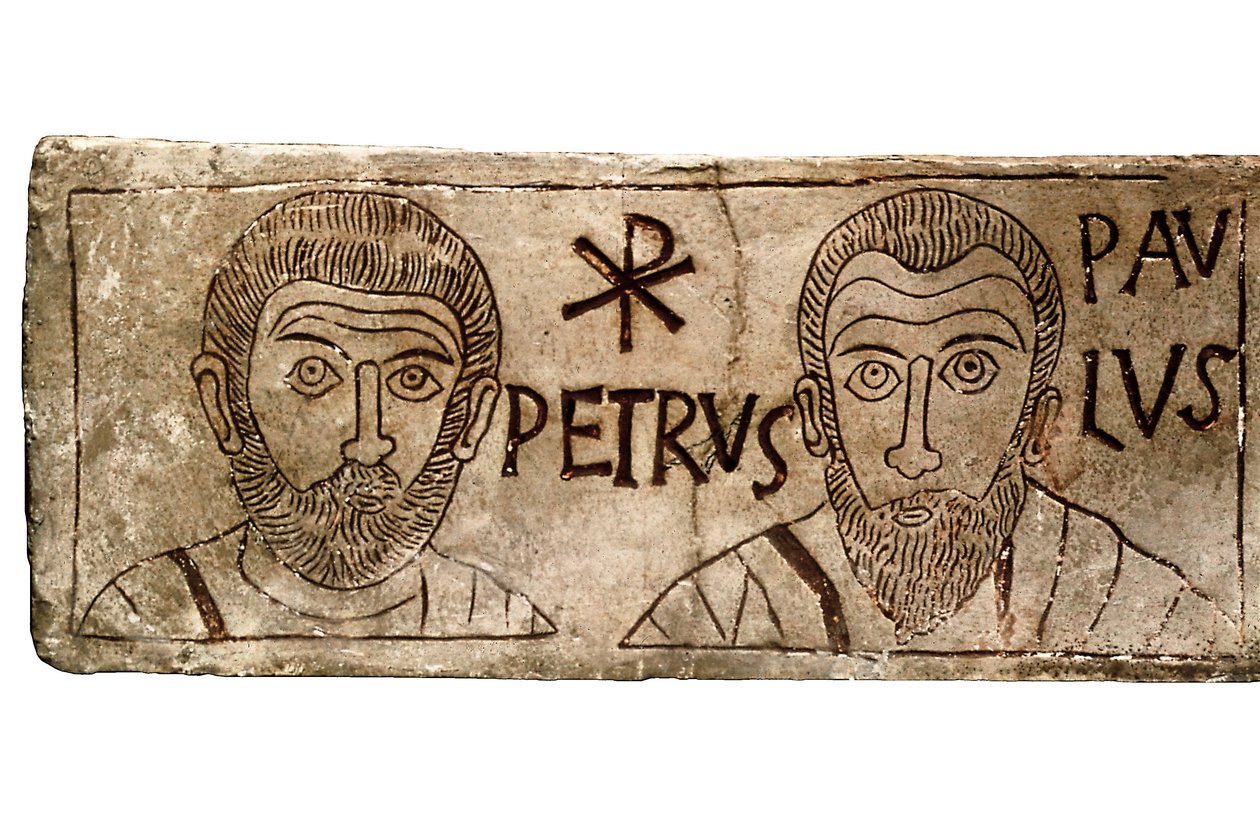 Sarkofag föreställande apostlarna Petrus och Paulus, tidig kristen civilisation av Paleo Christian Paleo Christian
