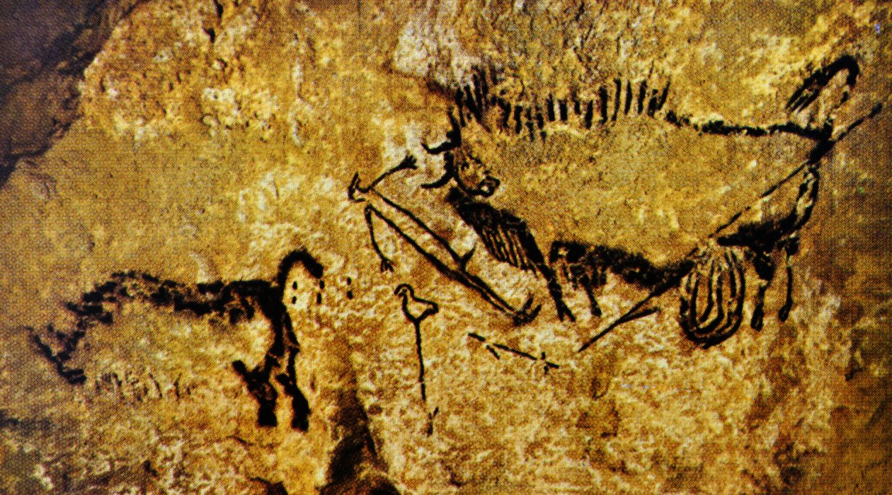 Sårad bisonoxe, sårad man och ullhårig noshörning, Lascaux (grottmålning) av Paleolithic Paleolithic