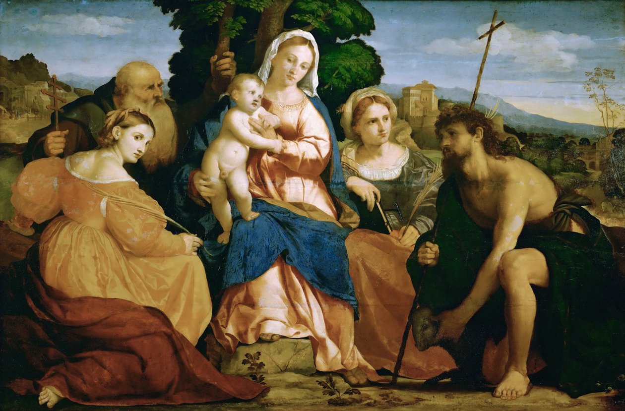 Maria mit Kind und Heiligen Katharina und Coelestin (links) und Johannes d. Täufer und Barbara (rechts) av Palma il Vecchio