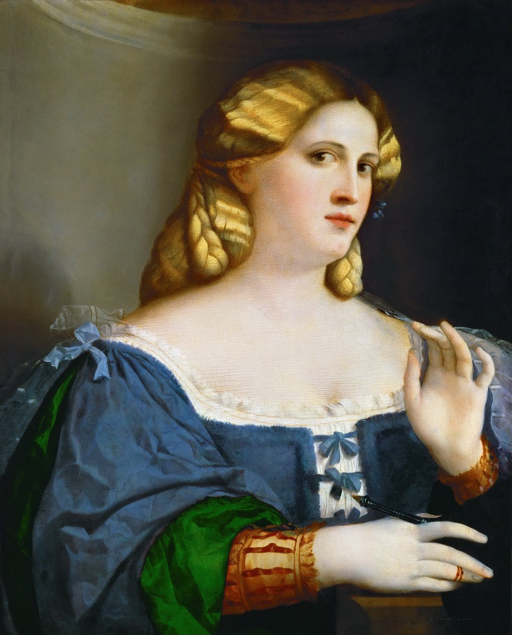 Young Woman in blue Gown with Feather av Palma il Vecchio