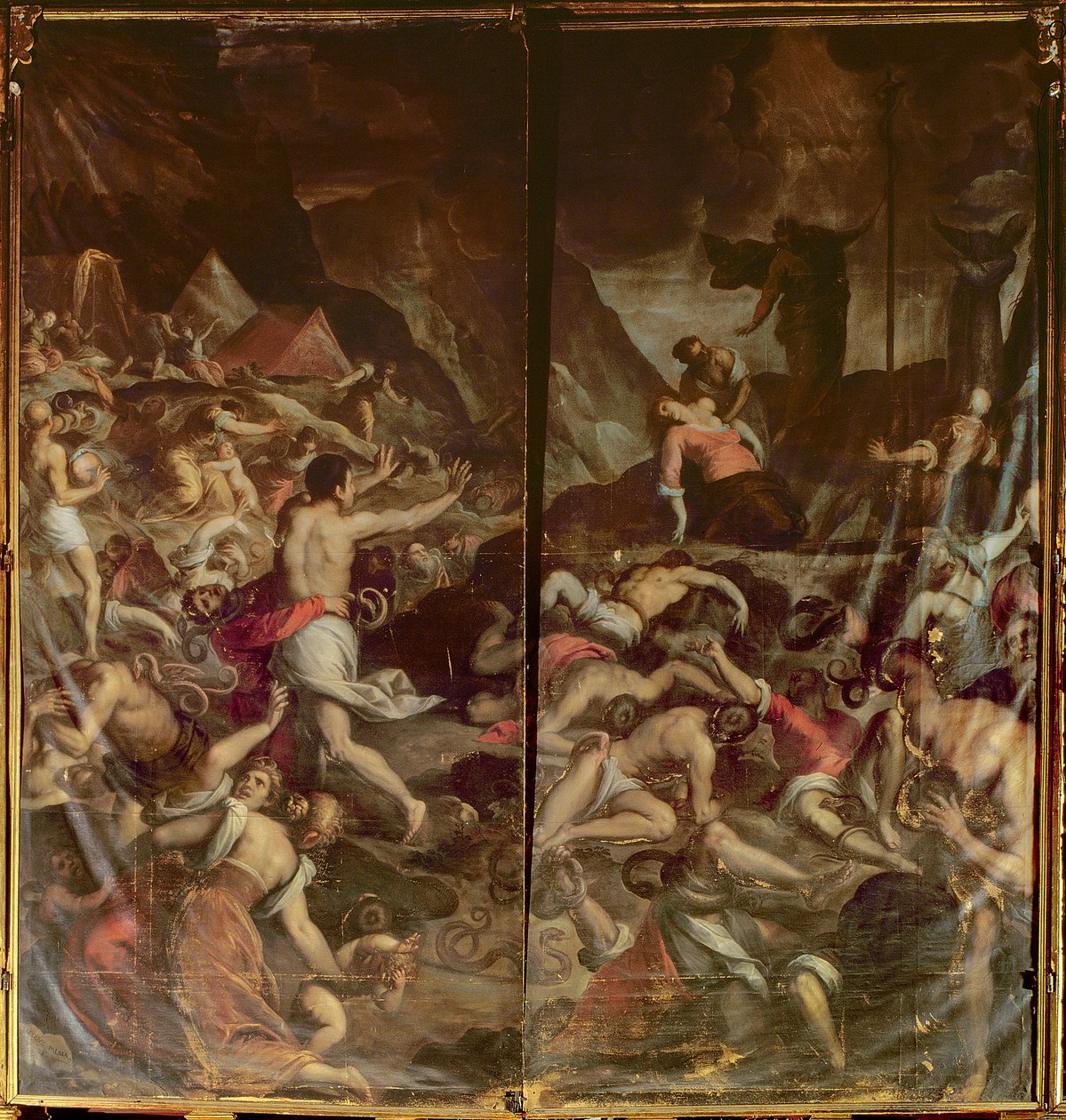Två orgeldörrar som visar de eldiga ormarna som angriper Moses läger efter Arons död, 1600 av Palma Il Giovane