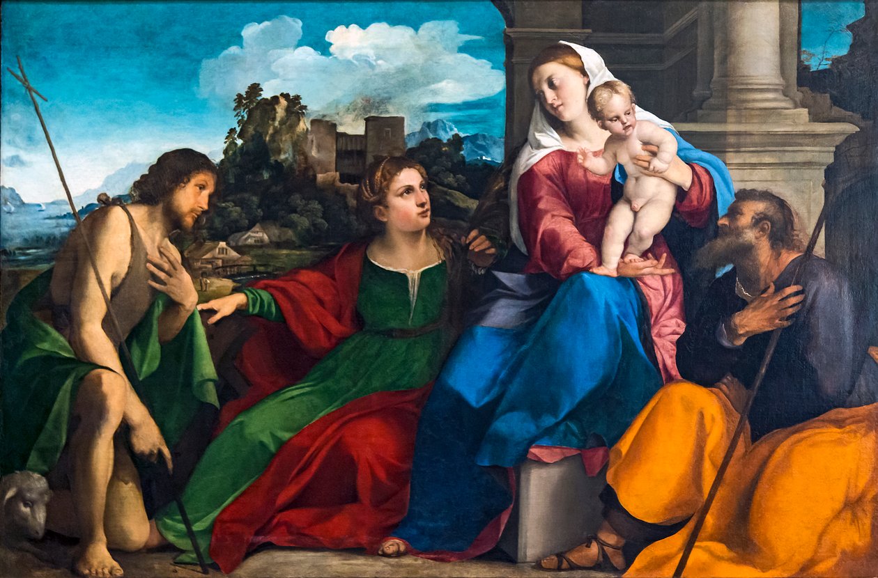 Heliga familjen med Saints Catherine of Alexandria och Johannes Döparen av Palma il Vecchio