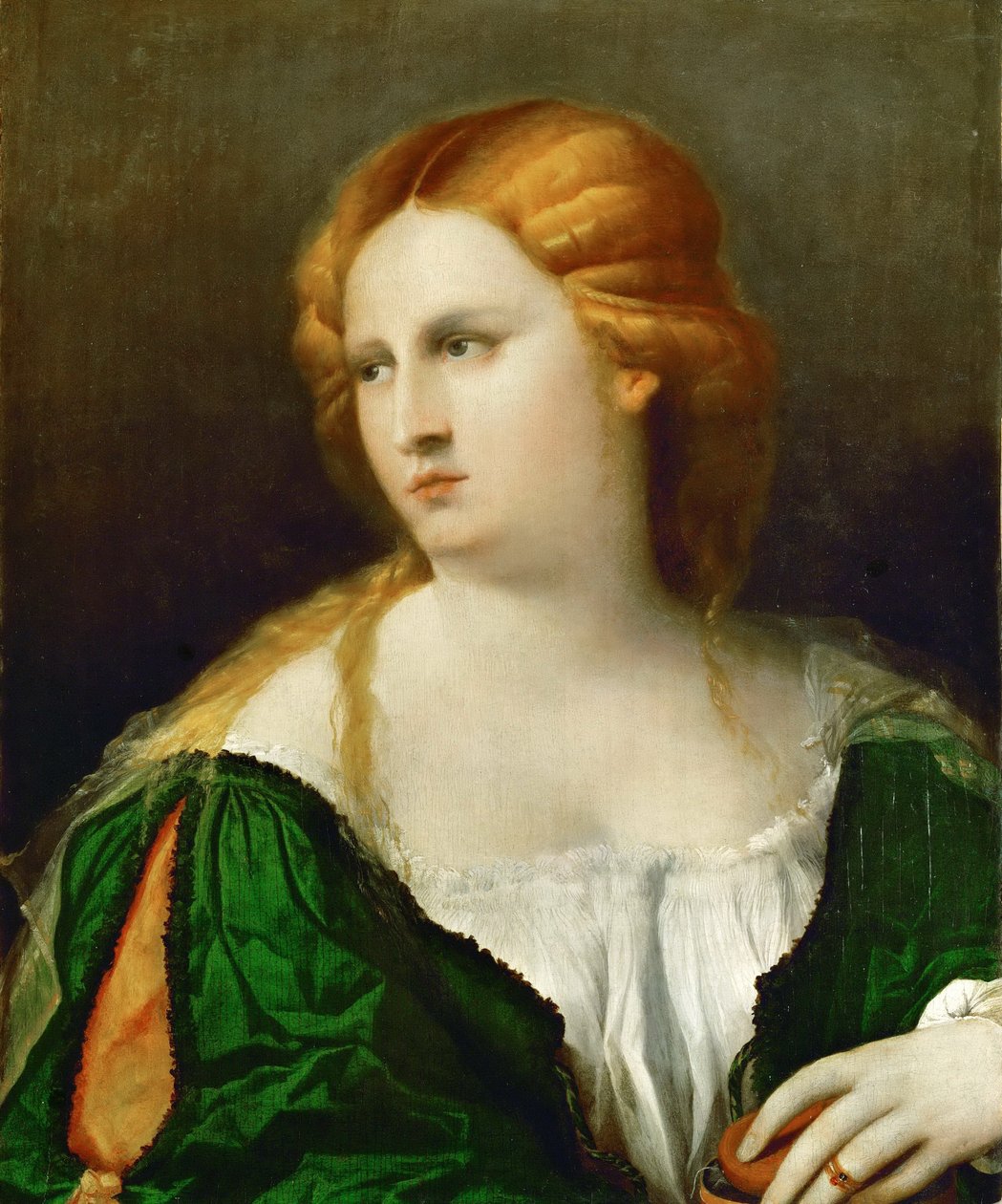 Young Woman in Green Dress av Palma il Vecchio