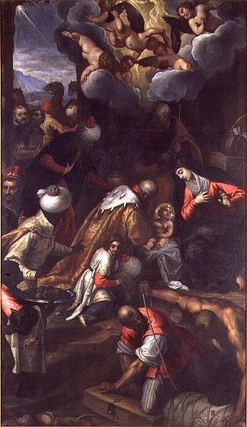 Tillbedjan av Magi av Palma Il Giovane