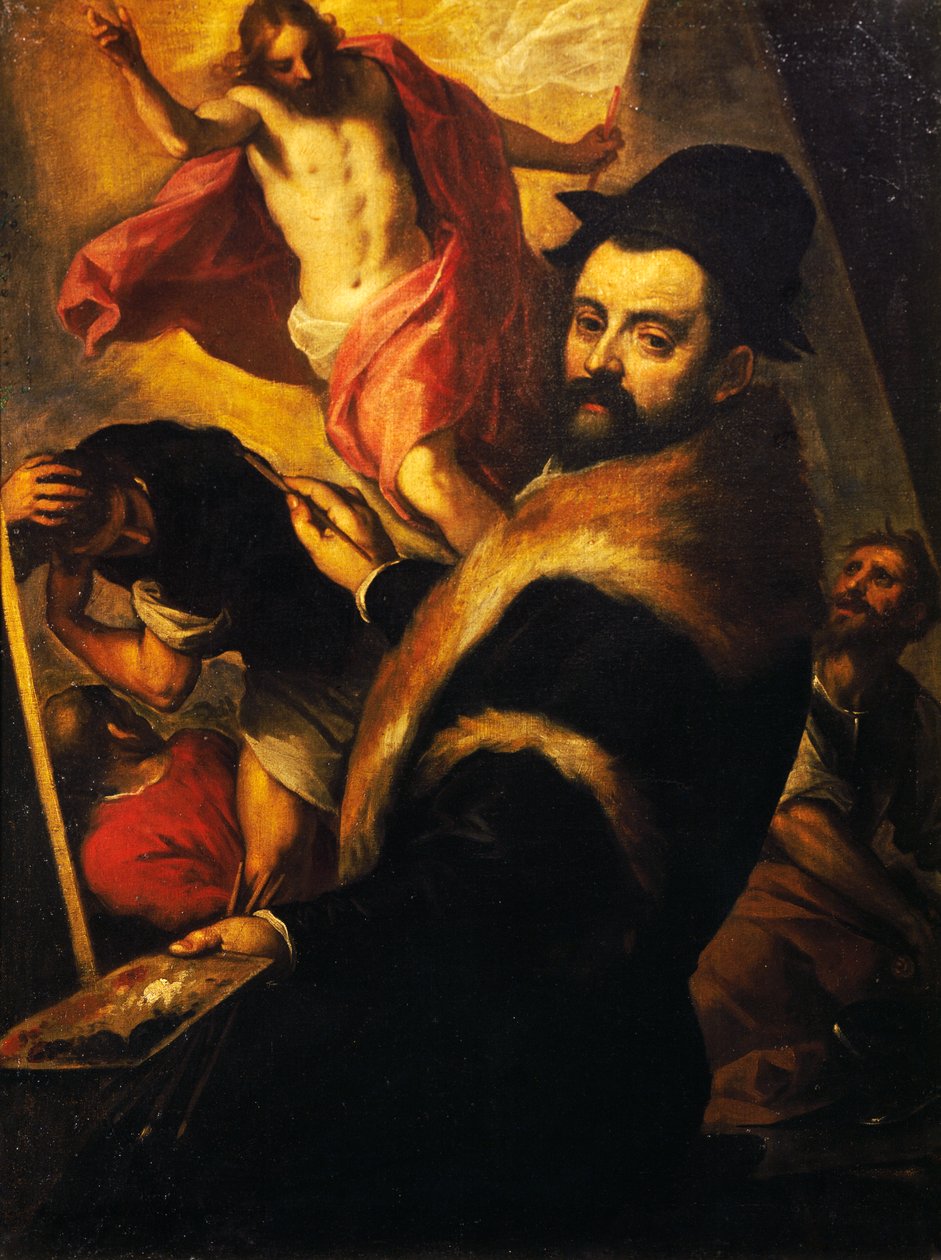 Självporträtt medan du målar Resurrection av Palma Il Giovane