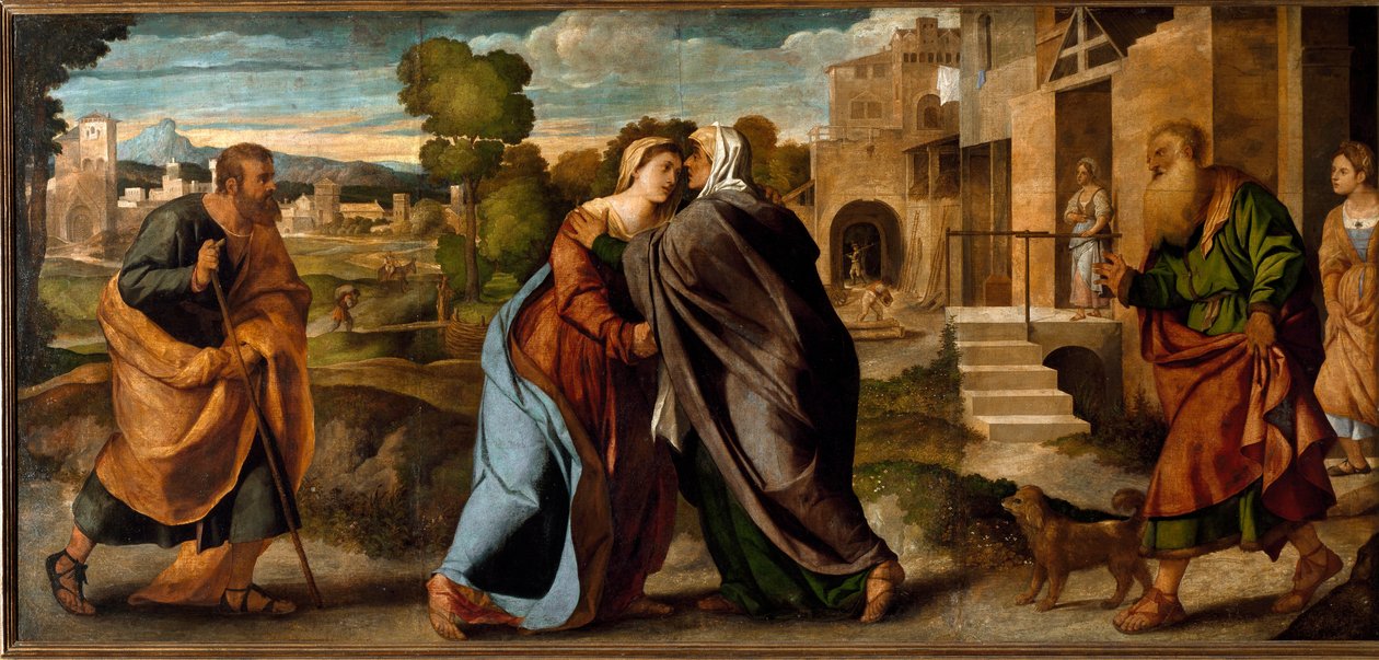 The Visitation (olja på duk, ca 1520-1522) av Palma Il Giovane