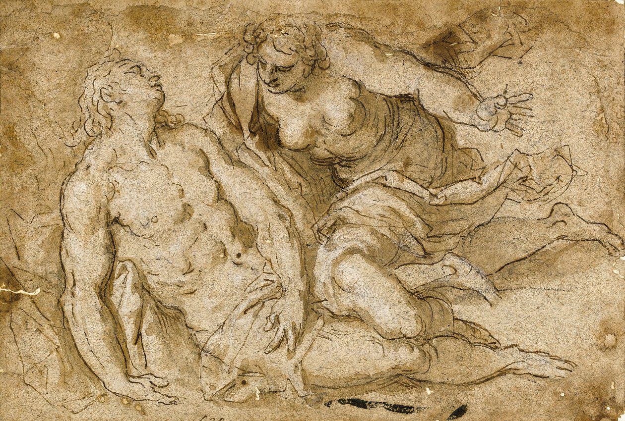 Venus upptäcker den döda Adonis (svart krita, penna och brunt bläck på papper) av Palma Il Giovane