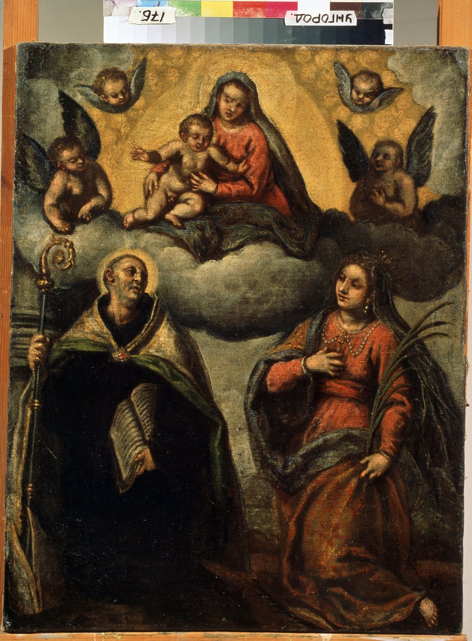 Jungfru och barn med heliga. Målning av Jacopo Palma il Giovane (The Young av Palma Il  Giovane