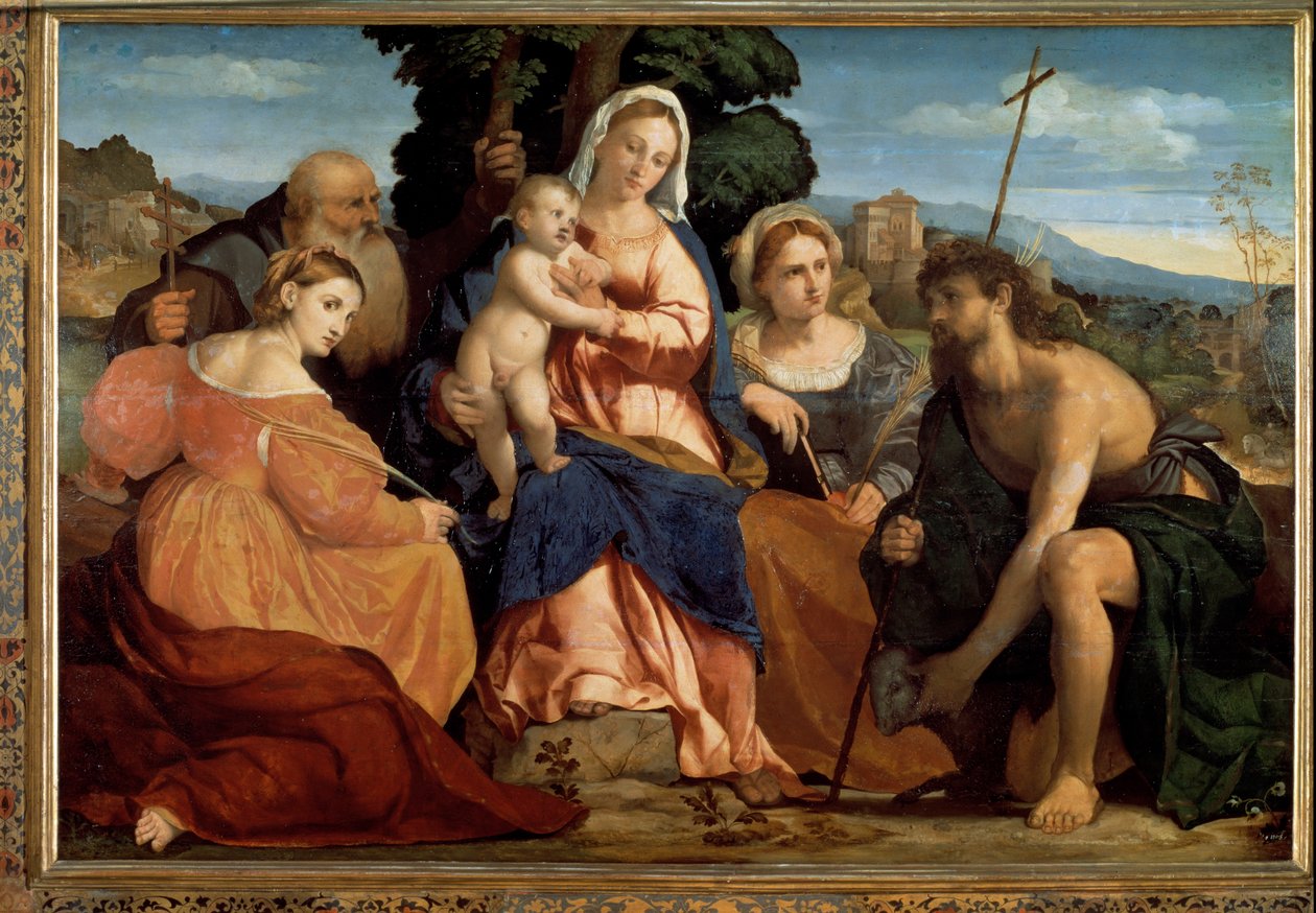Jungfru med barn med St Catherine och St Celestine (vänster) och Johannes Döparen och Barbara (höger) (Målning av Palma Il Giovane