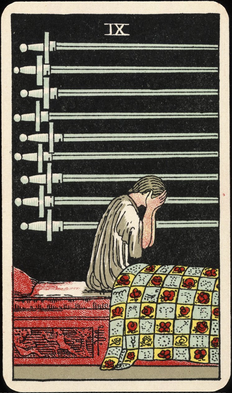 Nio av svärd, tarotkort, c 1937 av Pamela Colman Smith