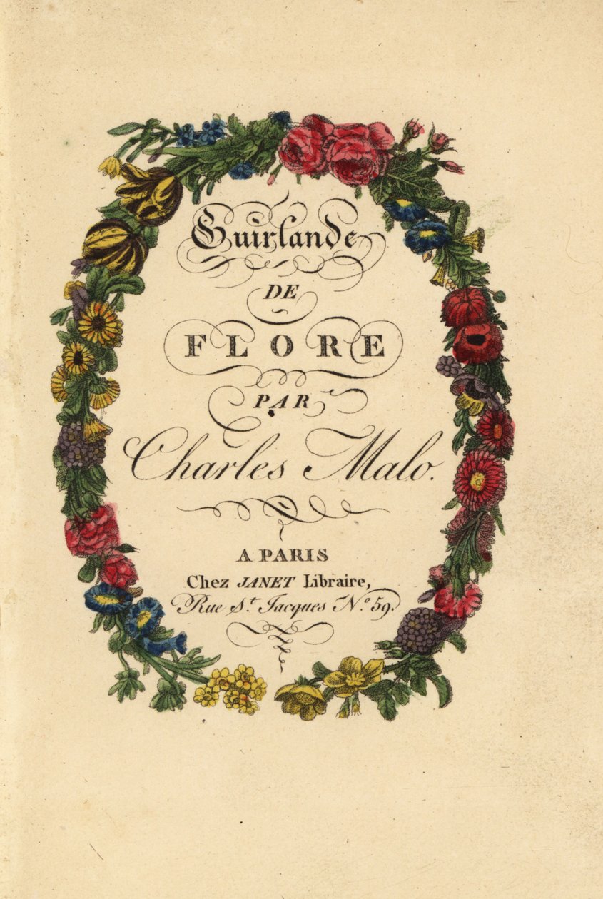 Kalligrafisk titelsida inom en blomkrans av rosor, tulpaner och andra blommor av Pancrace (after) Bessa
