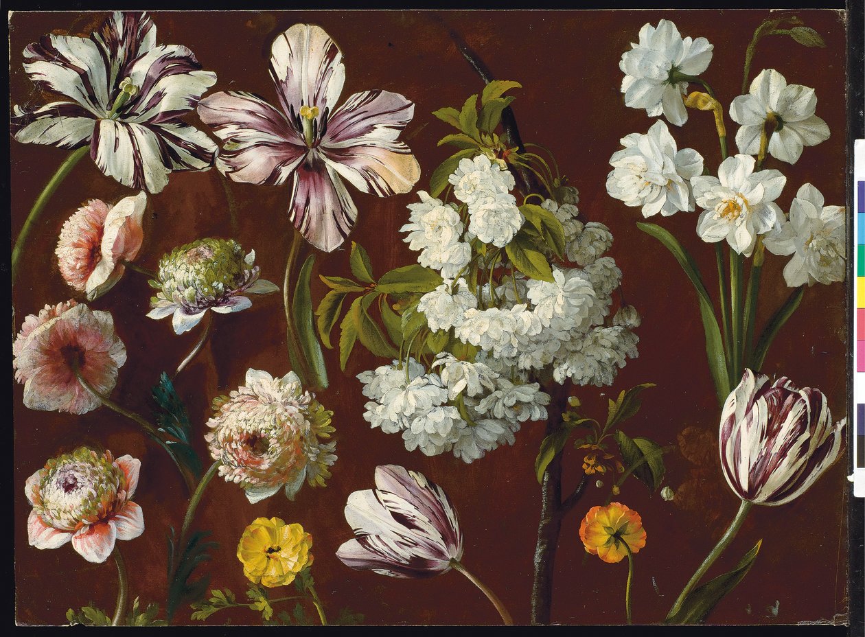 Lila tulpaner, vitblommande prunus, narcissus och rosa krysantemum (olja på papper) av Pancrace Bessa