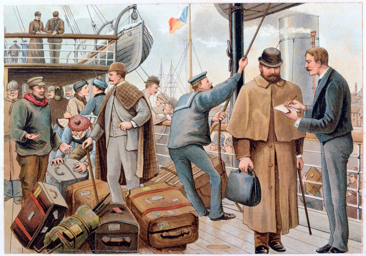 Passagerare som går med i ett P&O-fartyg i Themsen, c1890. av PandO Pencillings