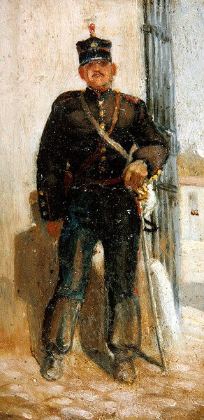 Militära uniformer, samling av 5 (olja ombord) (se även 349159-61 & 349163) av Panos Aravantinos