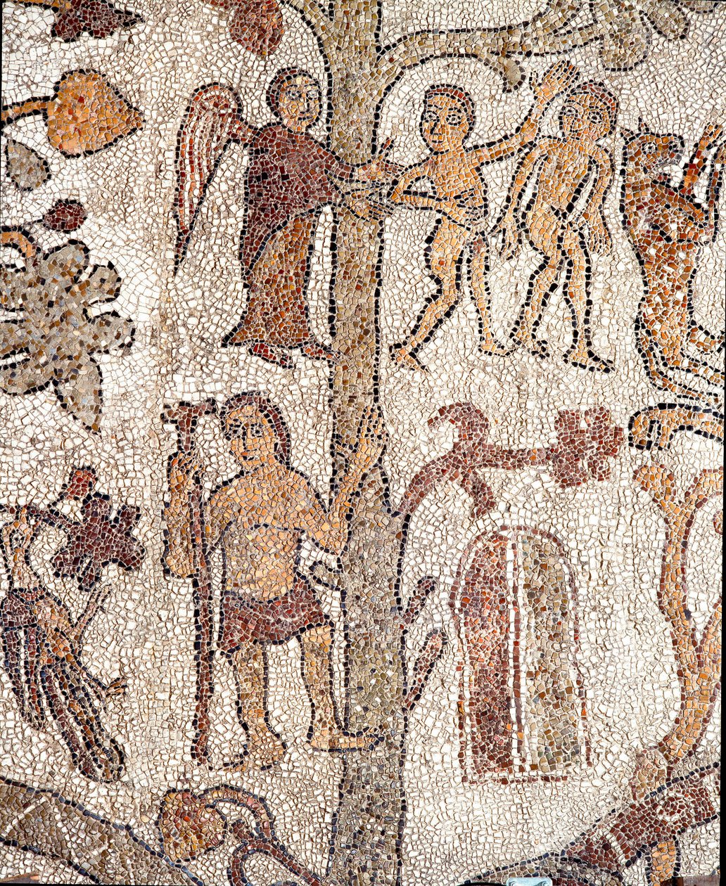 Adam och Eva jagar från Jordens paradismosaik av Pantaleone, präst och mosaist. 1163-1166. Centralskepp i katedralen i Otranto av Pantaleon