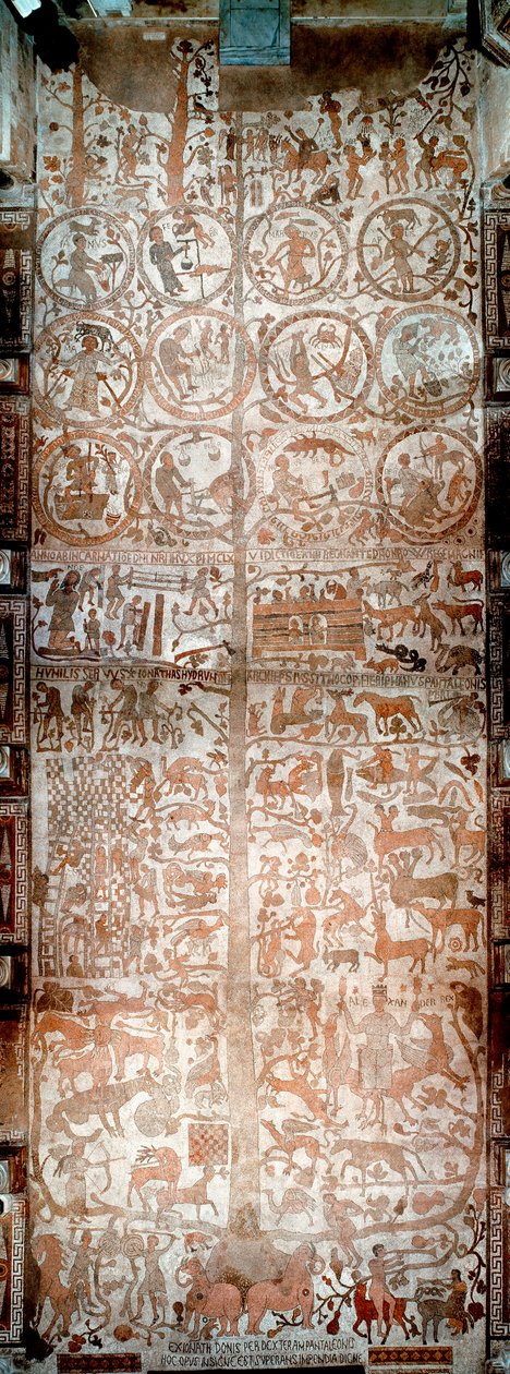 Världens skapelse, Adam och Eva, bibliska scener och zodiakens tecken Vy över den totala mosaiken av Pantaleone, Moassete-präst (1100-talet) som täcker trottoaren av långhuset i katedralen i Otranto (Otranto), Italien av Pantaleon Pantaleon