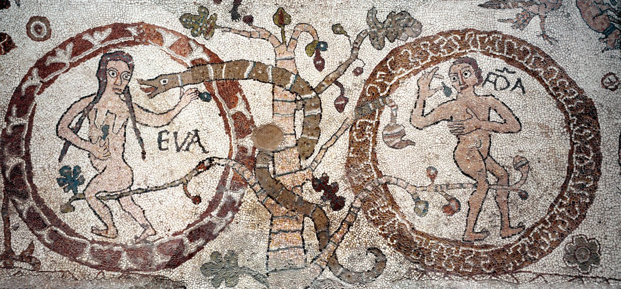 Adams och Evas frestelse Mosaik av Pantaleone, präst och mosaist. 1163-1166. Centralskeppet i katedralen i Otranto (Otranto), Italien av Pantaleon Pantaleon
