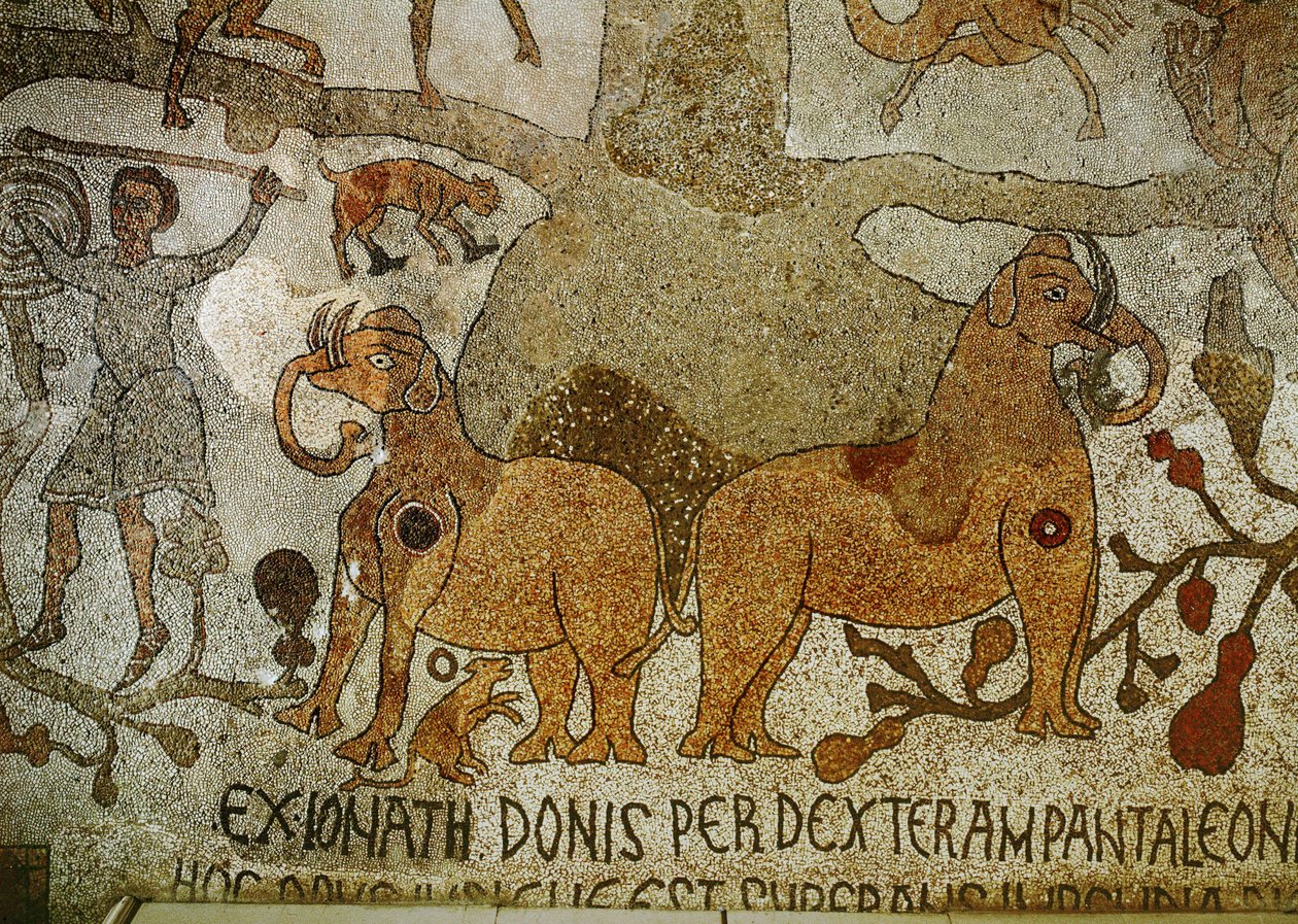 Två elefanter vid rötterna av Livets träd från (mosaik) av Pantaleone Pantaleone