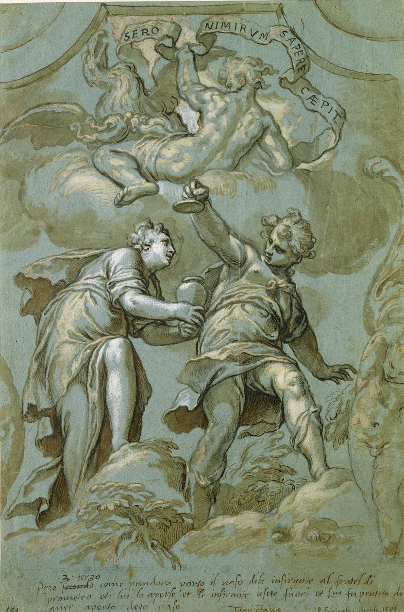Pandora erbjuder lådan till Epimetheus (penna och bläck och tvätta på papper) av Paolo Farinati