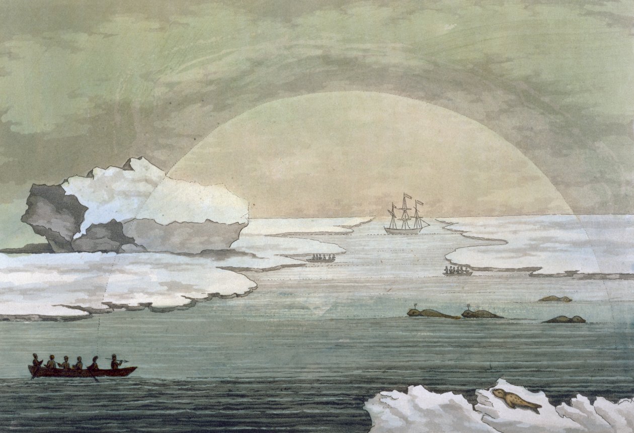 En islagd brittisk valbåt befrias av solens strålar, Baffin Bay, juli 1817, från 