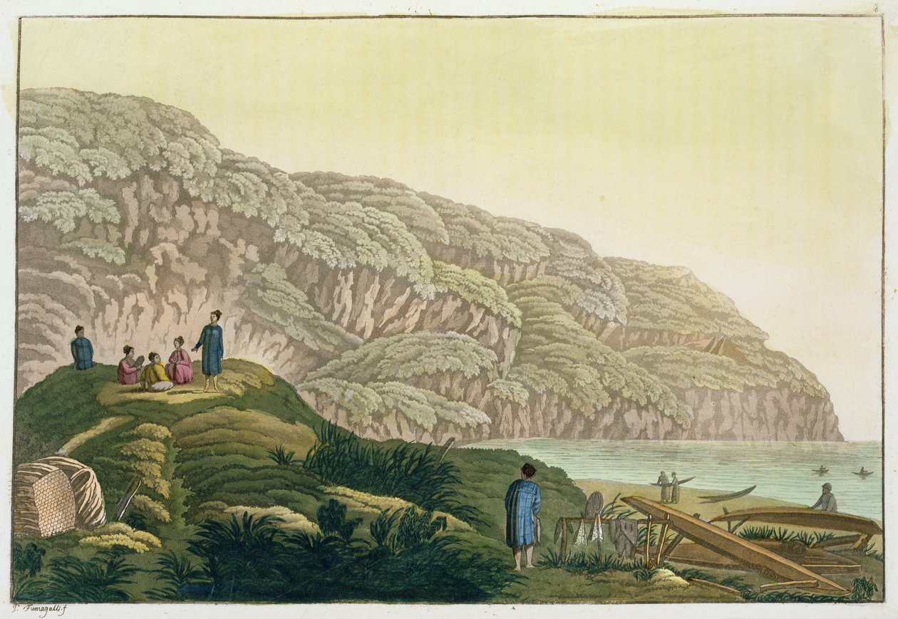 Kapten Cook (1728-79) i Alaska under sin resa (färggravyr) av Paolo Fumagalli