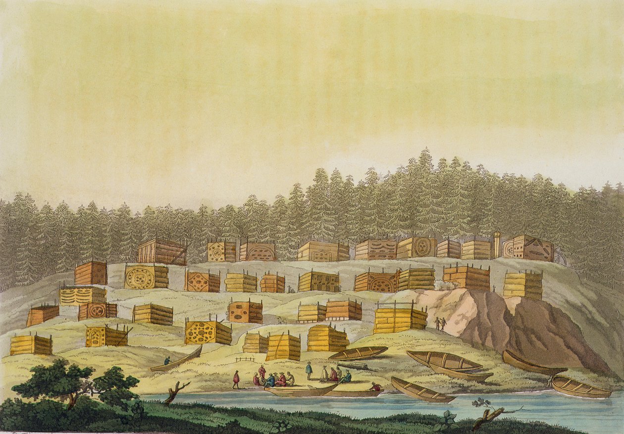 Indian Village, New Georgia, Alaska (färggravyr) av Paolo Fumagalli