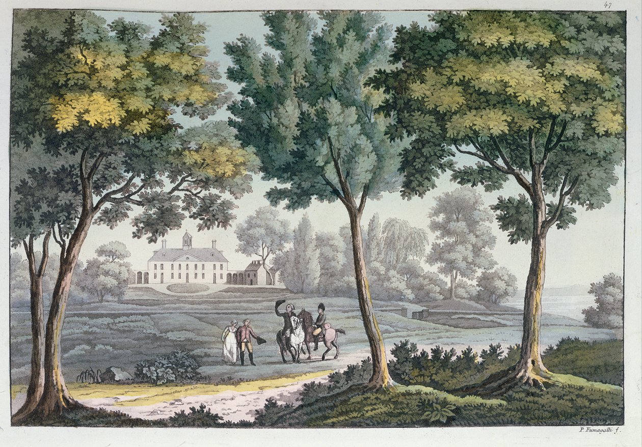 Mount Vernon, Virginia, George Washingtons hem, ca 1820 (färggravyr) av Paolo Fumagalli